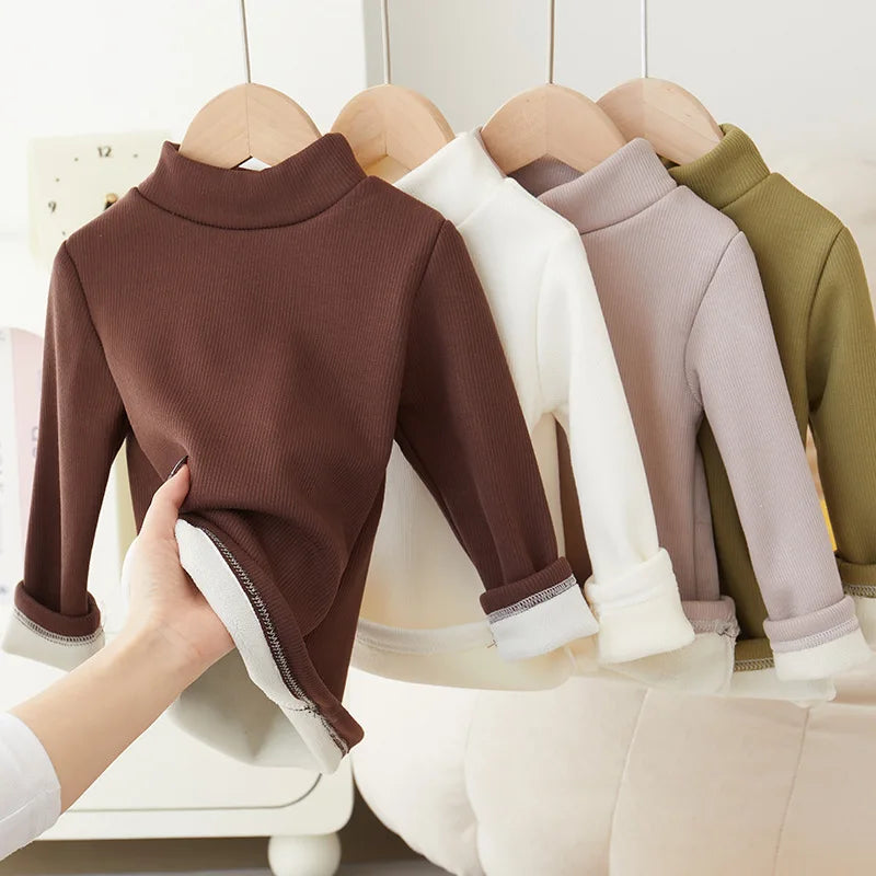 Children's Padded Thickened Sweater Girls Warm Solid Color Bottoming Shirt Autumn Winter New Boys Fashion Casual Tops 2-12 Years