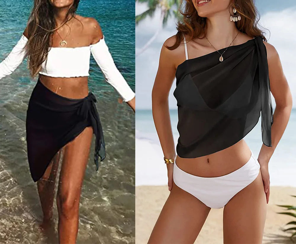 Women Chiffon Short Sarongs Ruffle Hem Bikini Cover Ups Beach Swimsuit Bathing Suit Wrap Skirt for Swimwear