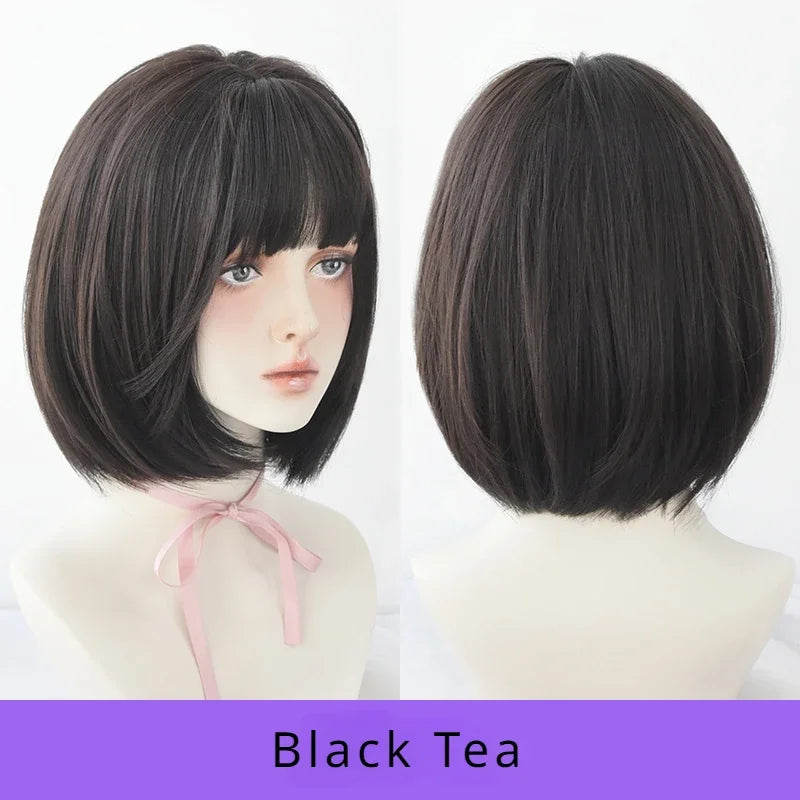 Pixie Cut Wigs Synthetic Short Straight Pink Brown Bob Wigs with Dark Roots High Density Layered Hair Wigs with Curtain Bangs