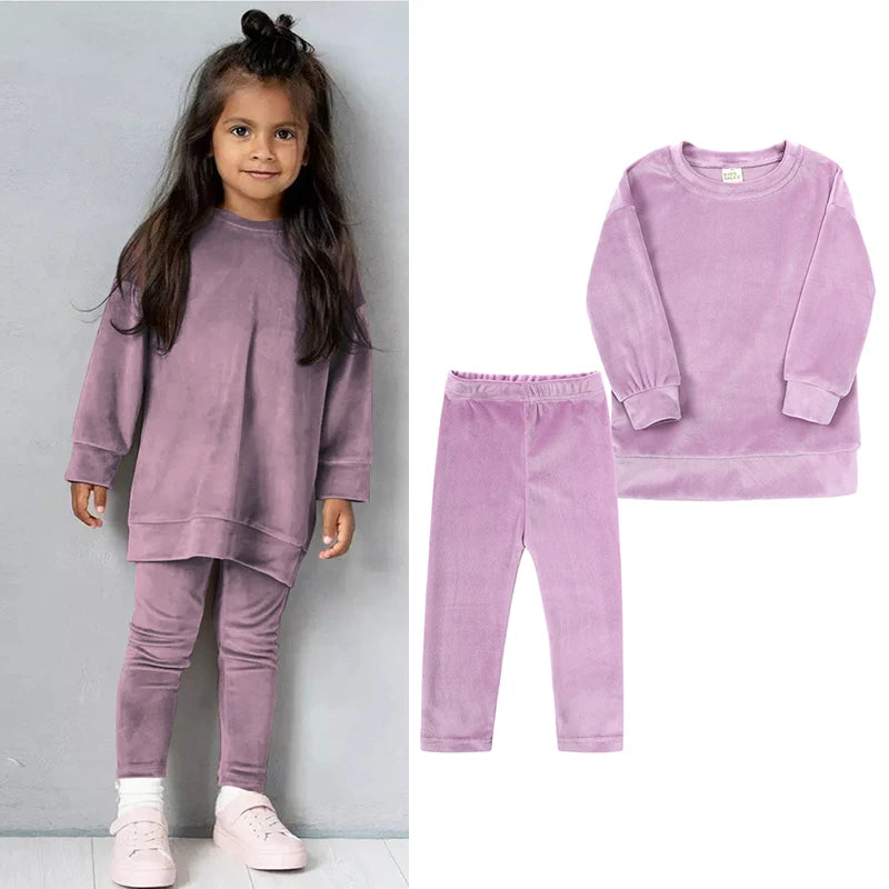 2024 Spring Kids Girl Velvet Suit Long Sleeve Pants Solid Clothes For Infant Toddler Boy Pullover Sweatshirt Set Teenage Outfits