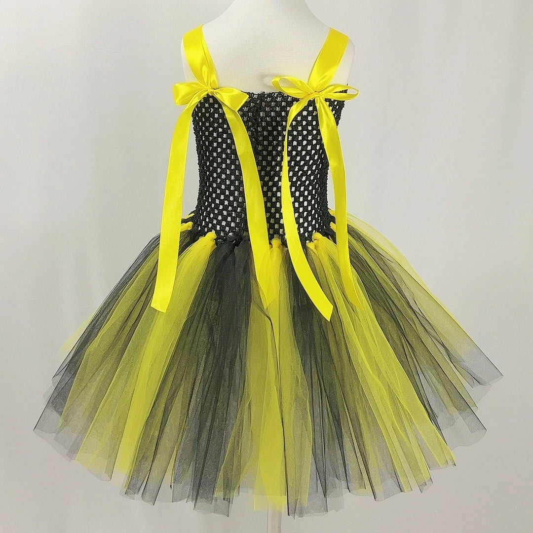 Bumble Bee Tutu Dress for Baby Girls Birthday Outfit Halloween Costume for Kids Honeybee Cosplay Dresses with Wing Headband Set