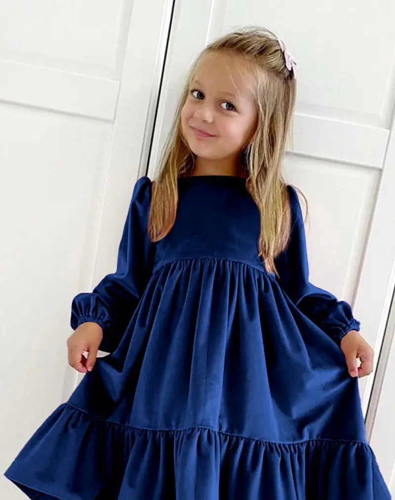 New 7-12 years Girls Spring Autumn Winter Velvet Long Sleeve Ruffle Hem Dress Princess Kids Party Dressess Children Clothing