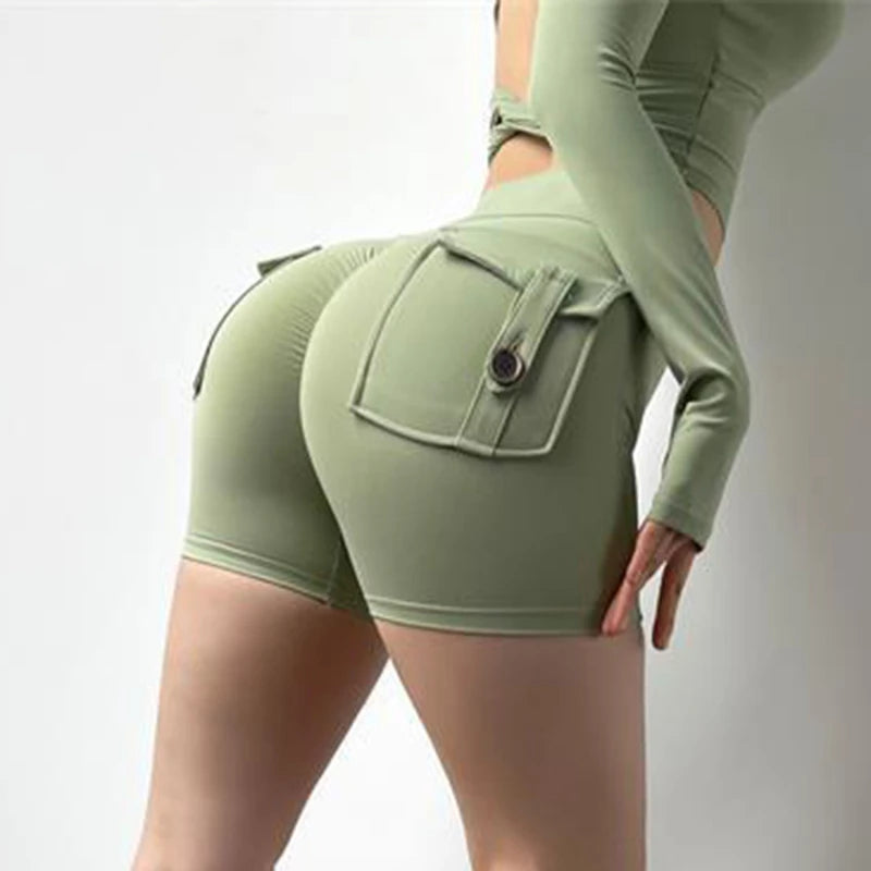 Shorts Women Sport With Pocket Buttocks Fitness Workout High Waist Tights Leggings Push Up Cycling Shorts Scrunch Gym Clothing
