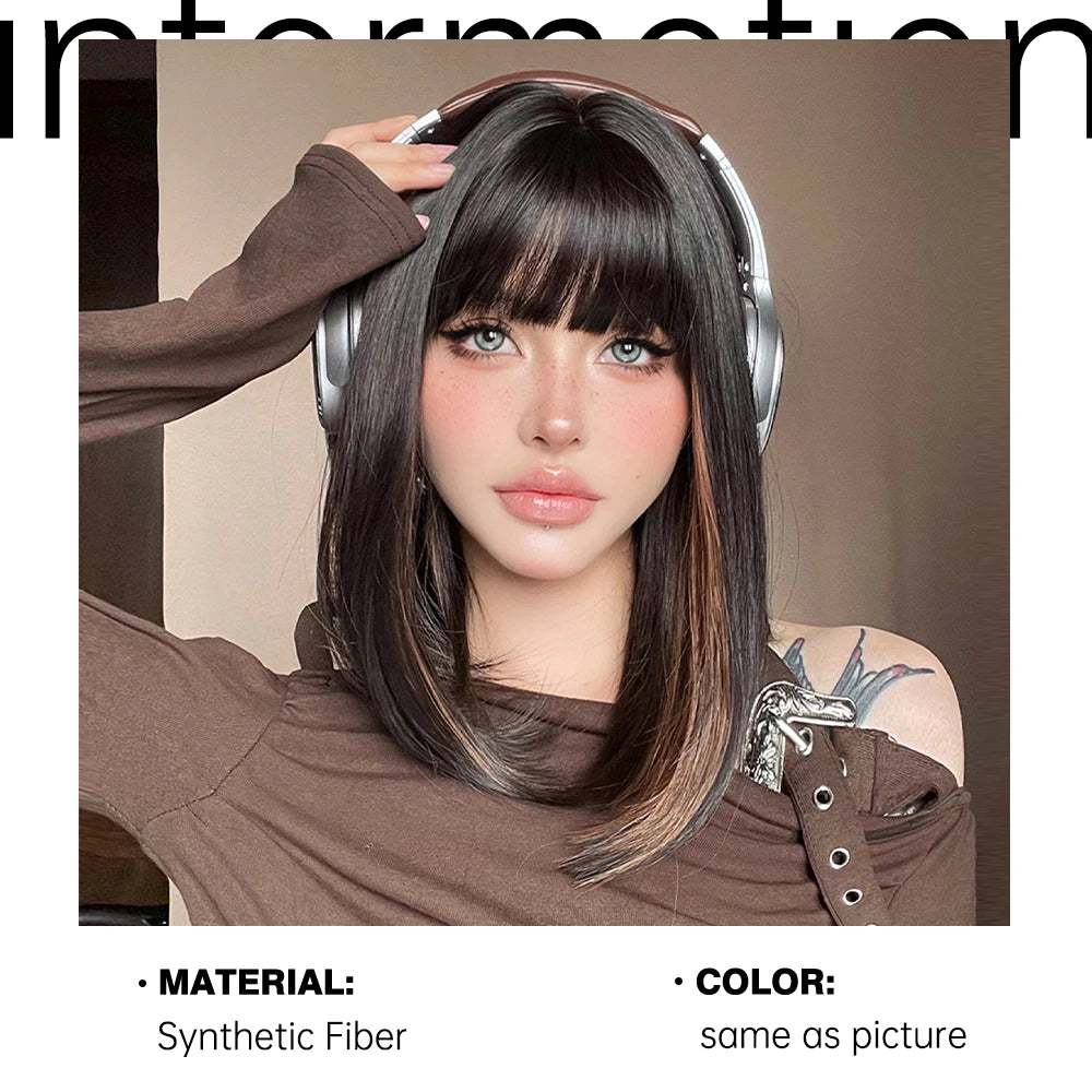 Short Straight Bob Wigs with Bangs Black Brwon Highlight Wig Daily Cosplay Natural Synthetic Hair Wigs for Women Heat Resistant