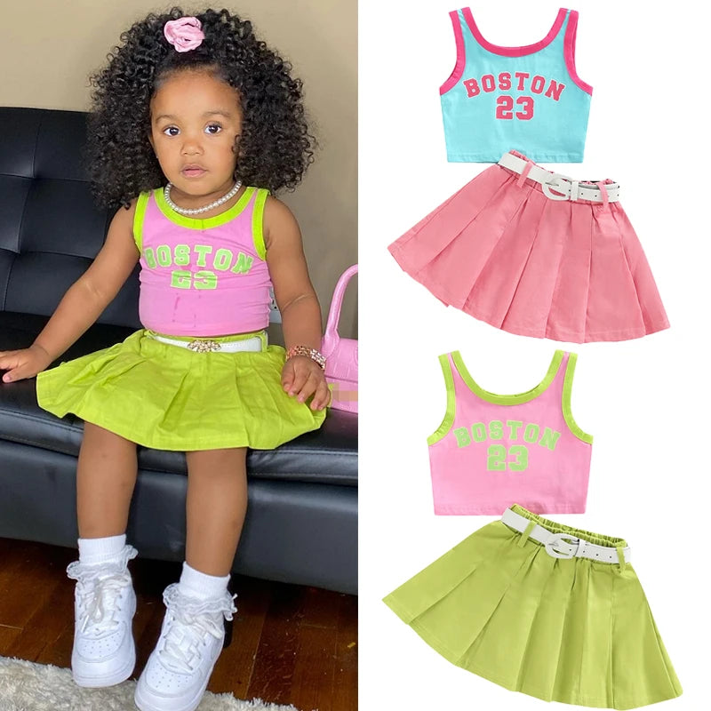 FOCUSNORM 1-6Y Fashion Little Girls Kids Clothes Sets 2pcs Letter Patchwork Sleeveless Causal Vest+Solid Pleated Skirts+Belt