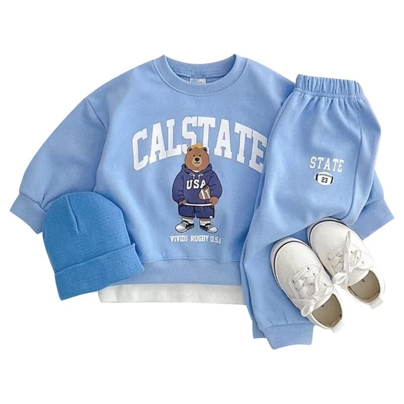 Fashion girls Toddler Baby Korea Clothing Fall Clothes Sets Baby Boys Set Kids Sports Bear Sweatshirt Pants 2Pcs 2 to 8 year