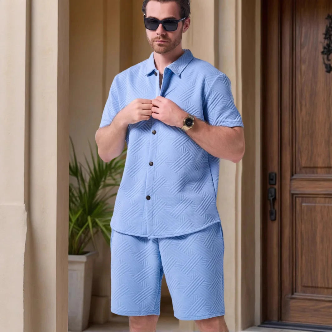 2025 summer new style men Hawaii fashion beauty suit simple casual jacquard short sleeve solid color zipper cardigan shorts two
