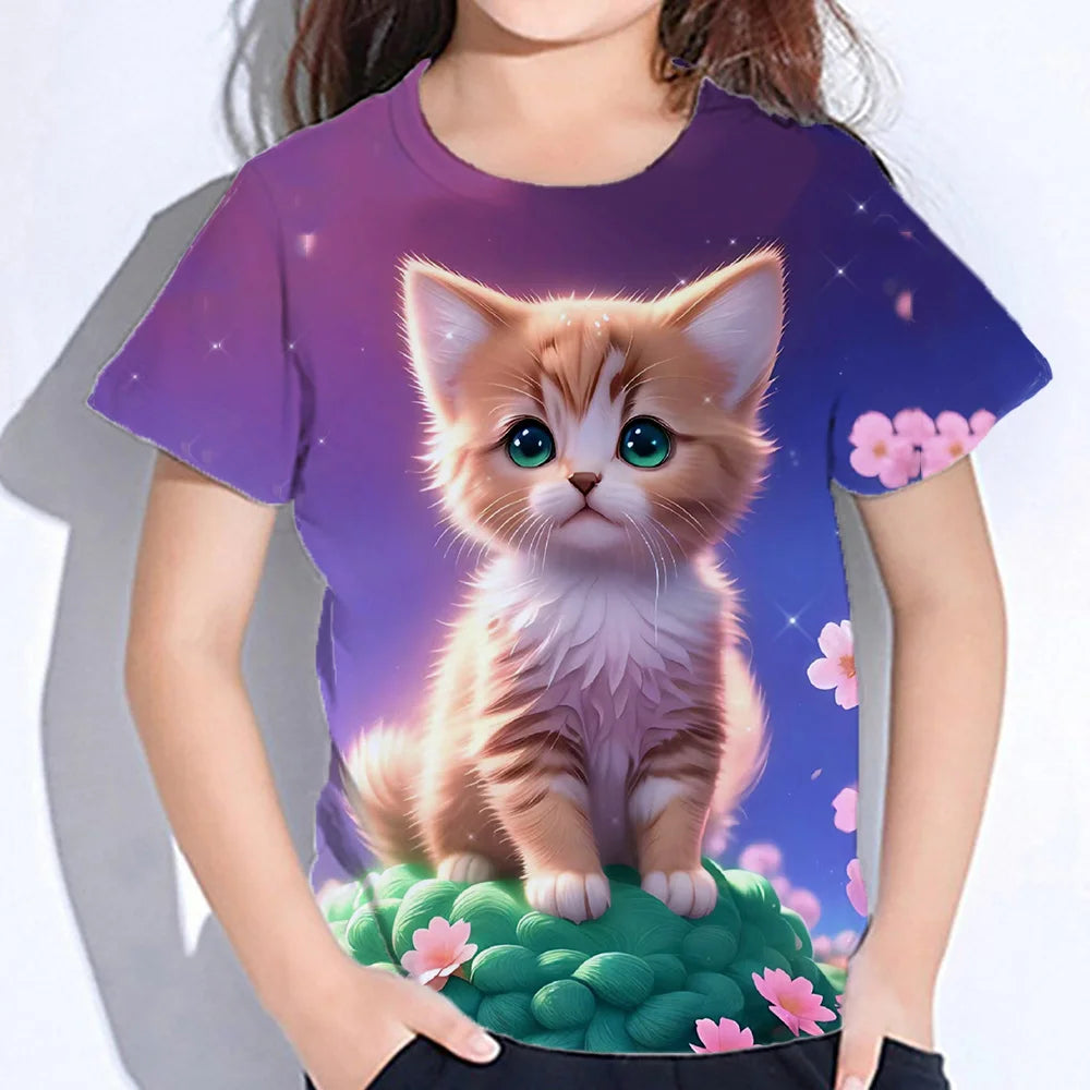 2024 Girl Summer Tops Girls Clothes 2 to 8 Years Short Sleeve Children T-Shirt Cat Print Kids T Shirt Kawaii Children's Clothing