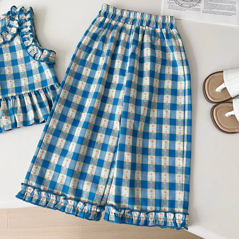 Children's Clothing Sets Blue Plaid Floral Print Sleeveless Top + Wide Leg Pants + Shorts 3 Pcs Sets Kids Clothes for Girls
