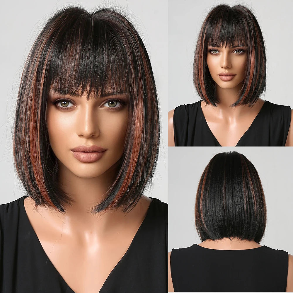 Short Straight Bob Wigs with Bangs Black Brwon Highlight Wig Daily Cosplay Natural Synthetic Hair Wigs for Women Heat Resistant
