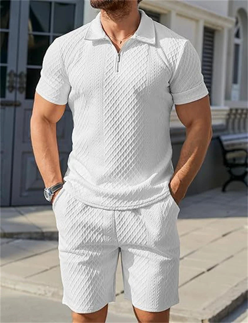 2025 New Men Suit Fashion Men's Summer Jacquard Half Zip Short Sleeve Polo Shirt+Shorts 2 PCS Sets Men Casual Sports Suit