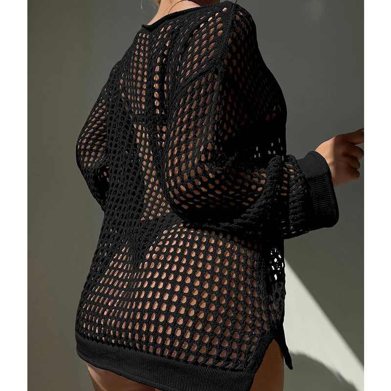 Knitting Loose Swimsuit Cover-Ups Sexy Hollow Out Round Collar Top Women Summer Beach Holiday Fashion Sunscreen Smock Top