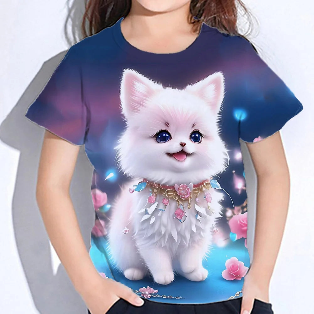 2024 Girl Summer Tops Girls Clothes 2 to 8 Years Short Sleeve Children T-Shirt Cat Print Kids T Shirt Kawaii Children's Clothing