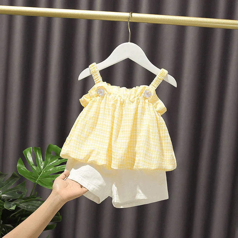 Girls Outfit Set 2022 Summer Clothing Sets Hollow Lace Suit Baby Casual Sleeveless T-shirt+Shorts Kids Clothes Sets Baby Clothes