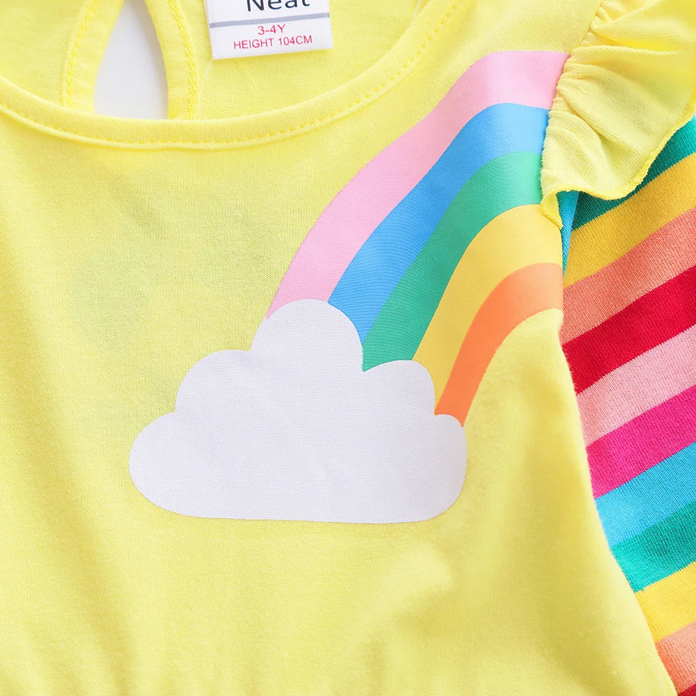 Girls' Long Sleeve Unicorn Dress Autumn Embroidery Two Pockets Rainbow Sleeves 81035