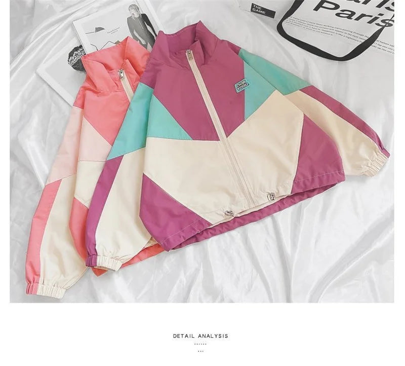 New Colorblocking Jackets Spring Girls Fashion Thin Coats Autumn Children Clothes Big Kids Casual Zipper Outerwear 2-10 Years