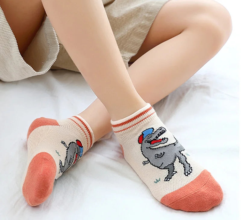 5 Pairs Kids Socks for Children Boys Girls Cartoon Dinosaur Summer Low Cut Slipper Hosiery Ankle Footed Casual Sock 1-12 Years