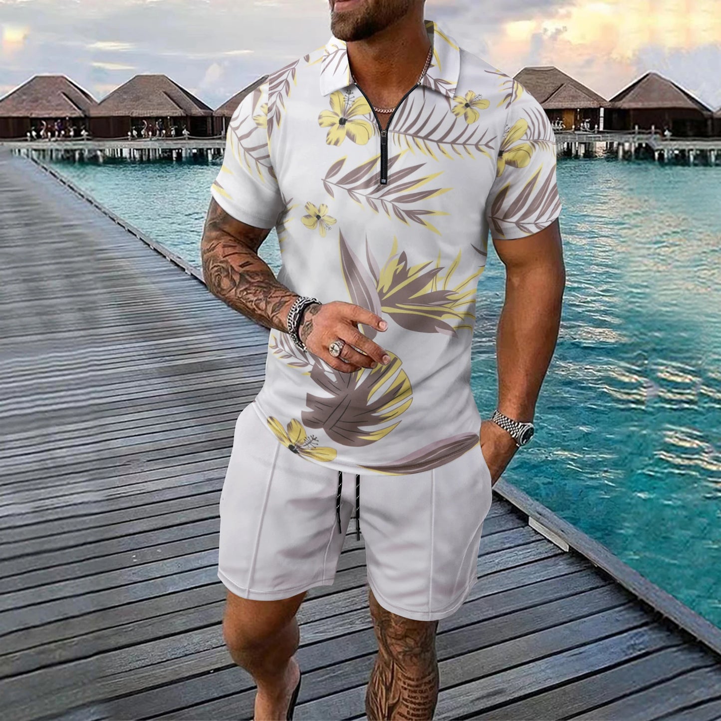 Fashion Zip Polo Shirts Men's Set Hawaiian Beach Vacation Short Sleeve Polo Shirt Shorts 2 Piece Outfit Street Casual Loose Suit