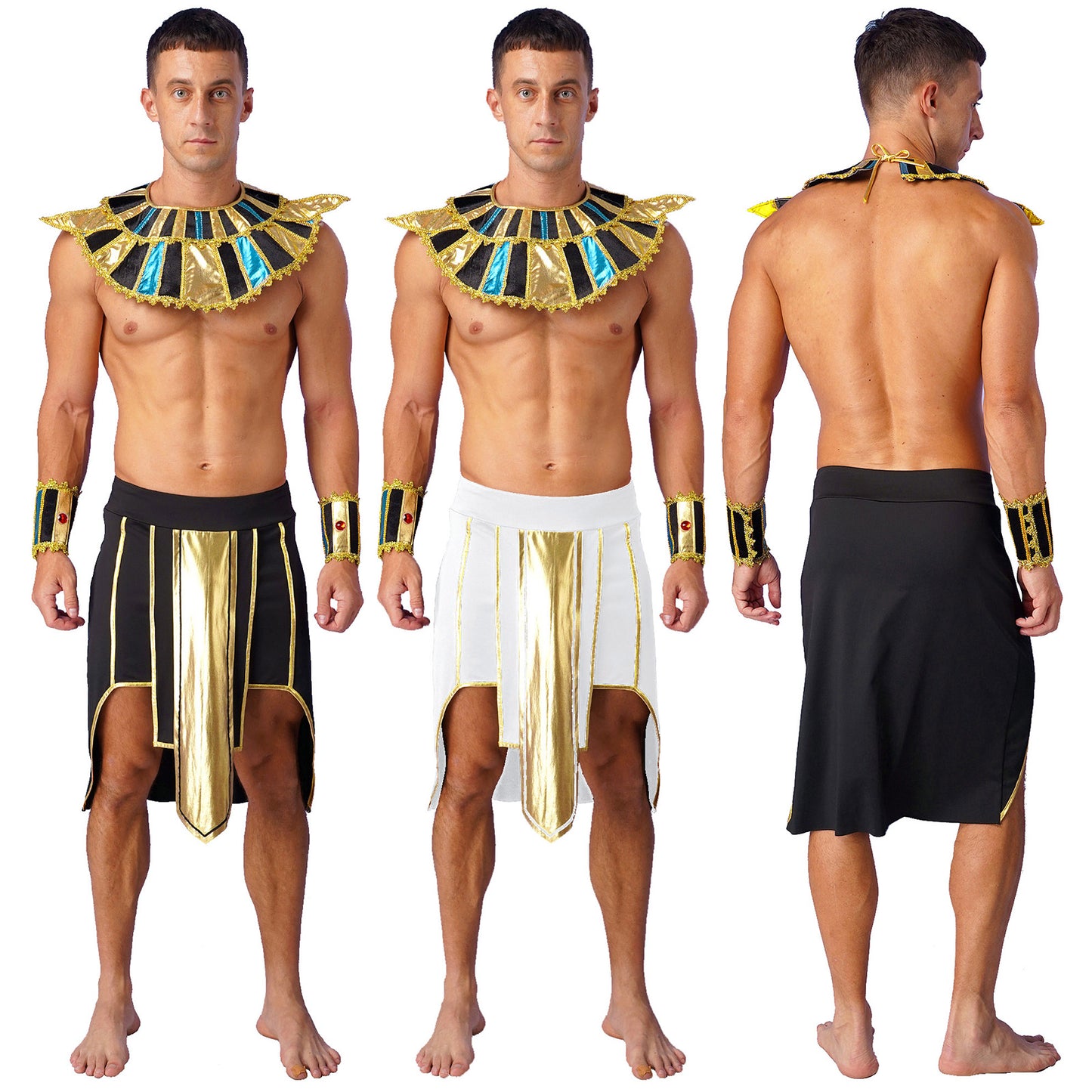Mens Ancient Egyptian Pharaoh King Cosplay Costume Halloween Fancy Dress Skirt with Cuffs Collar Outfit for Theme Party/Stage