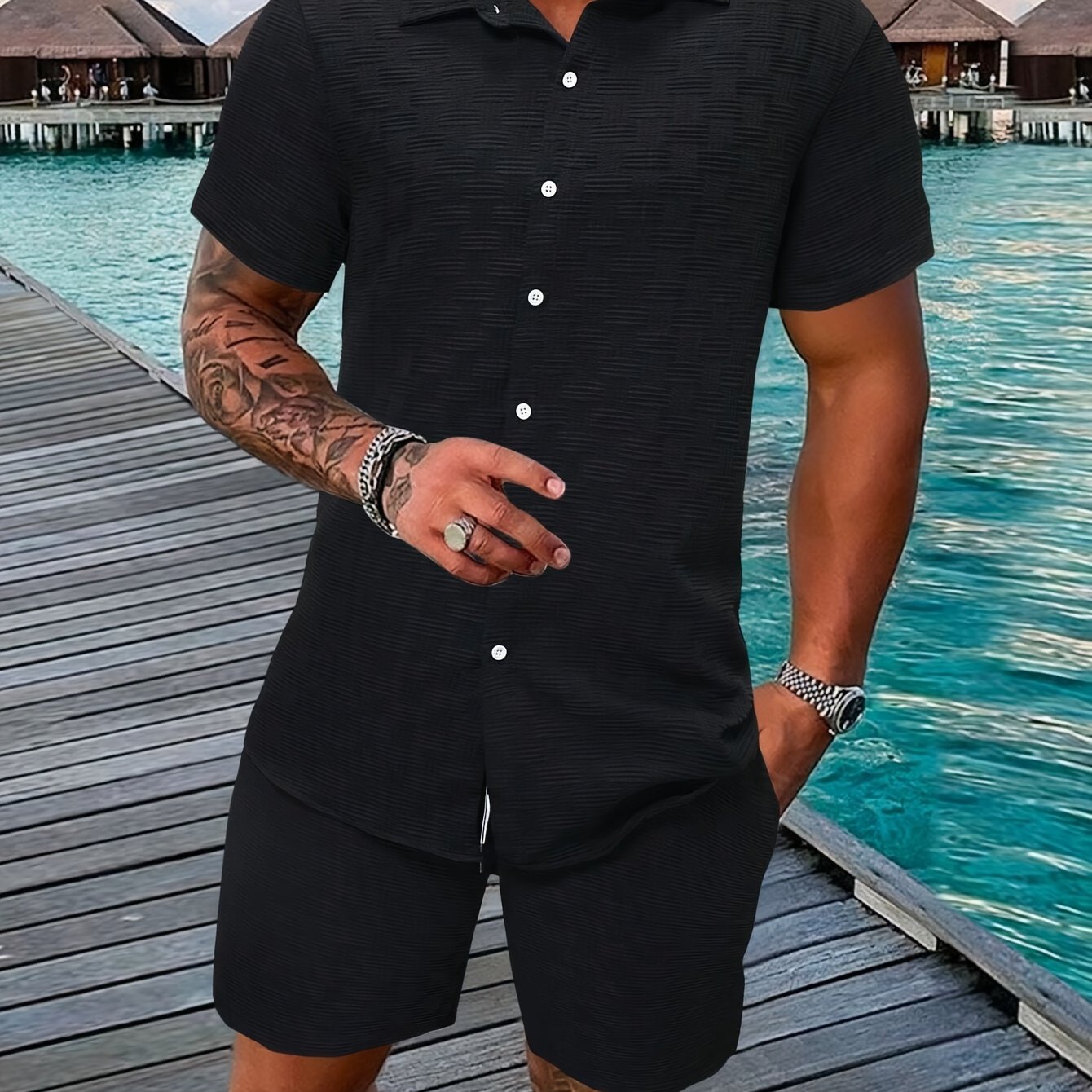 Men's lightweight summer beach set: casual short sleeved button up shirt and elastic waisted shorts - polyester fiber blend, breathable fabric, ideal vacation clothing, beach casual clothing | short sleeved shirt | comfortabl