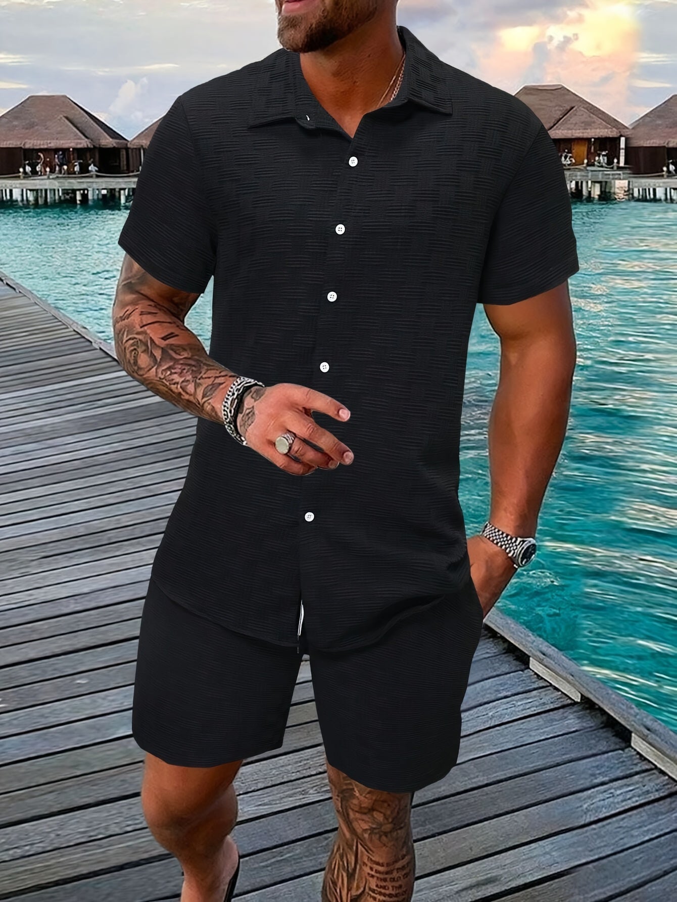 Men's lightweight summer beach set: casual short sleeved button up shirt and elastic waisted shorts - polyester fiber blend, breathable fabric, ideal vacation clothing, beach casual clothing | short sleeved shirt | comfortabl
