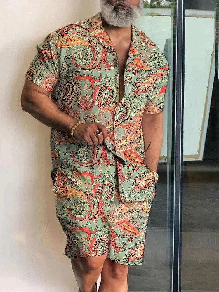 Men's Shirt Sets 3d Print Patchwork Lapel Short Sleeve Casual Shirt Beach Shorts Summer Streetwear Vacation Hawaiian Suits Men