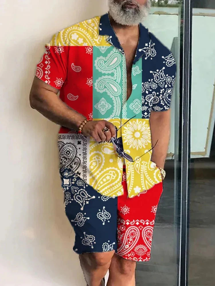 Men's Shirt Sets 3d Print Patchwork Lapel Short Sleeve Casual Shirt Beach Shorts Summer Streetwear Vacation Hawaiian Suits Men