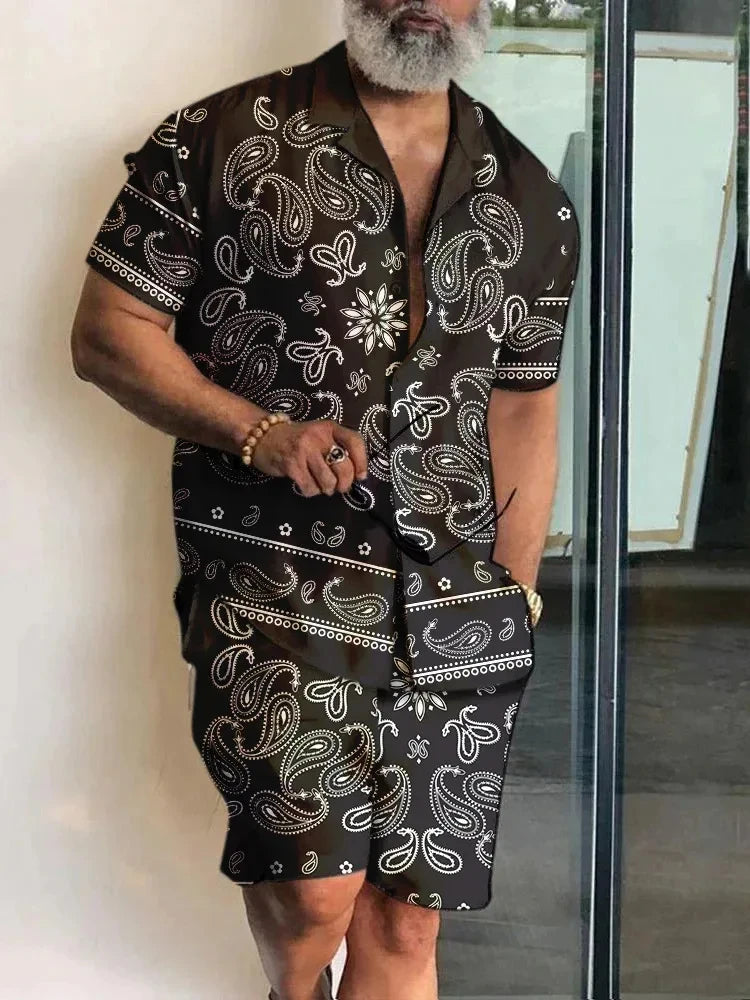 Men's Shirt Sets 3d Print Patchwork Lapel Short Sleeve Casual Shirt Beach Shorts Summer Streetwear Vacation Hawaiian Suits Men
