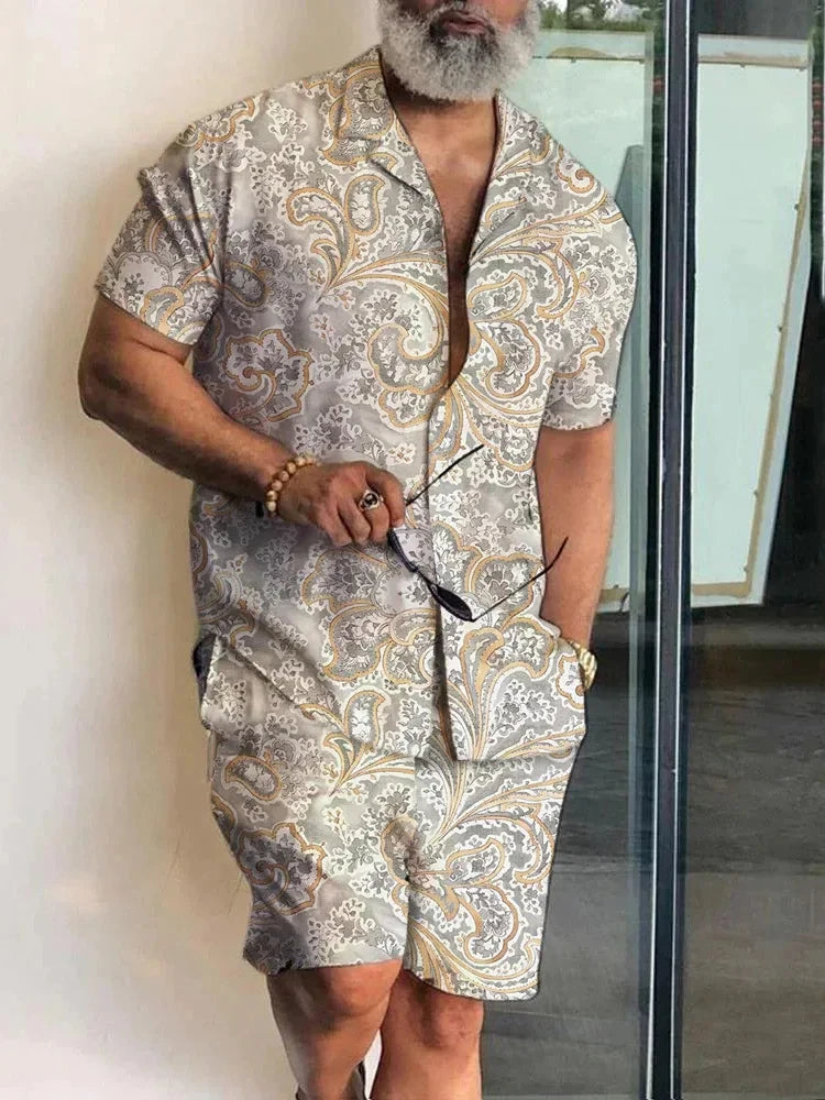 Men's Shirt Sets 3d Print Patchwork Lapel Short Sleeve Casual Shirt Beach Shorts Summer Streetwear Vacation Hawaiian Suits Men