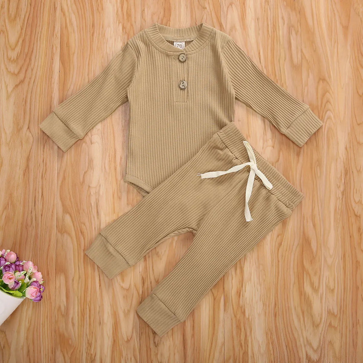 Newborn Baby Boys Girls Clothes Set Autumn Button Cotton Solid Ribbed Long Sleeve Jumpsuit+Pants 2Pcs Outfits Suit Pajamas Set