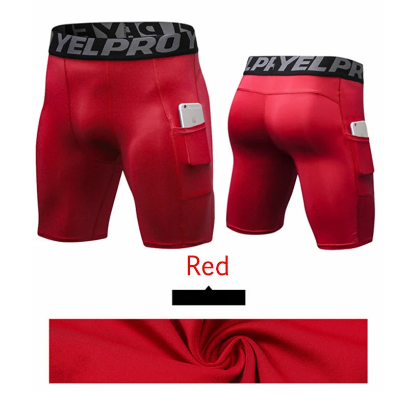 Men Compression Shorts Running Training Fitness Shorts Breathable Active Workout Underwear with Pocke