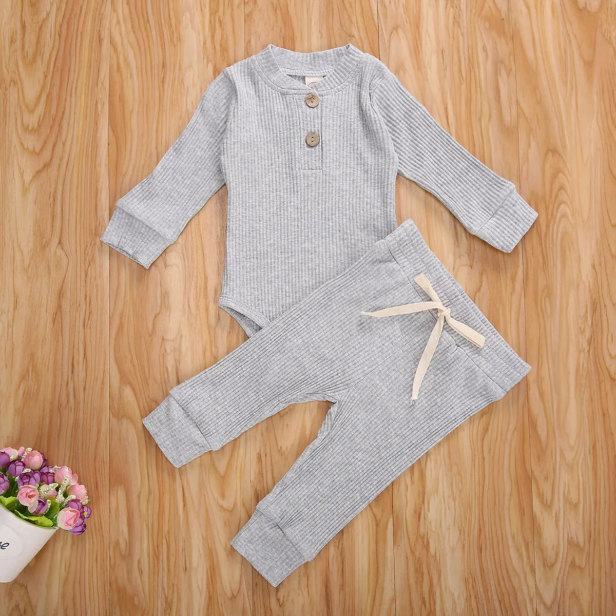 Newborn Baby Boys Girls Clothes Set Autumn Button Cotton Solid Ribbed Long Sleeve Jumpsuit+Pants 2Pcs Outfits Suit Pajamas Set