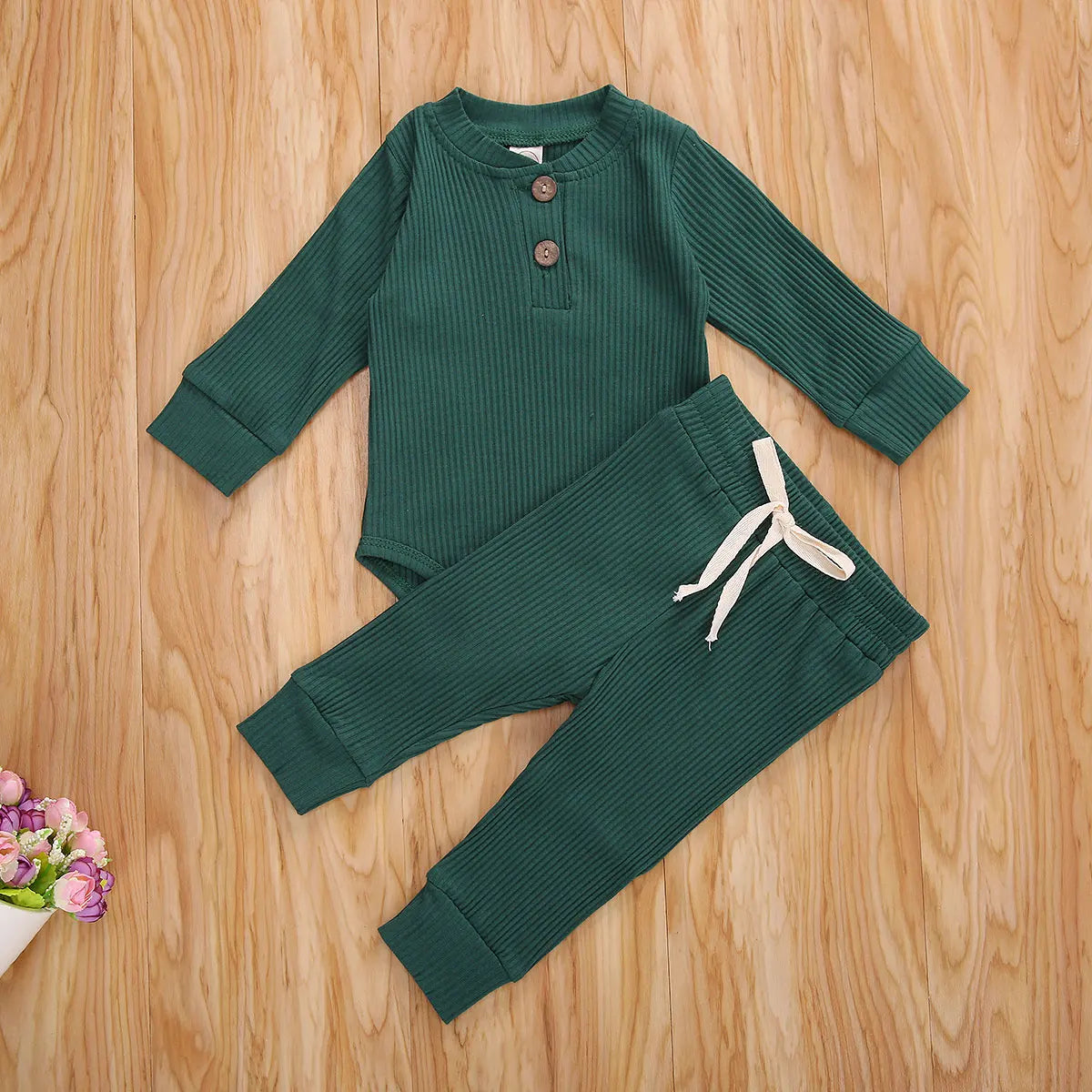 Newborn Baby Boys Girls Clothes Set Autumn Button Cotton Solid Ribbed Long Sleeve Jumpsuit+Pants 2Pcs Outfits Suit Pajamas Set