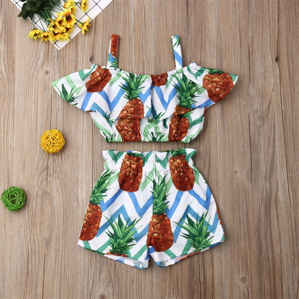 Newest Fashion Summer Toddler Baby Girl Clothes Off Shoulder Ruffle Sling Crop Tops Short Pants 2Pcs Outfits Clothes