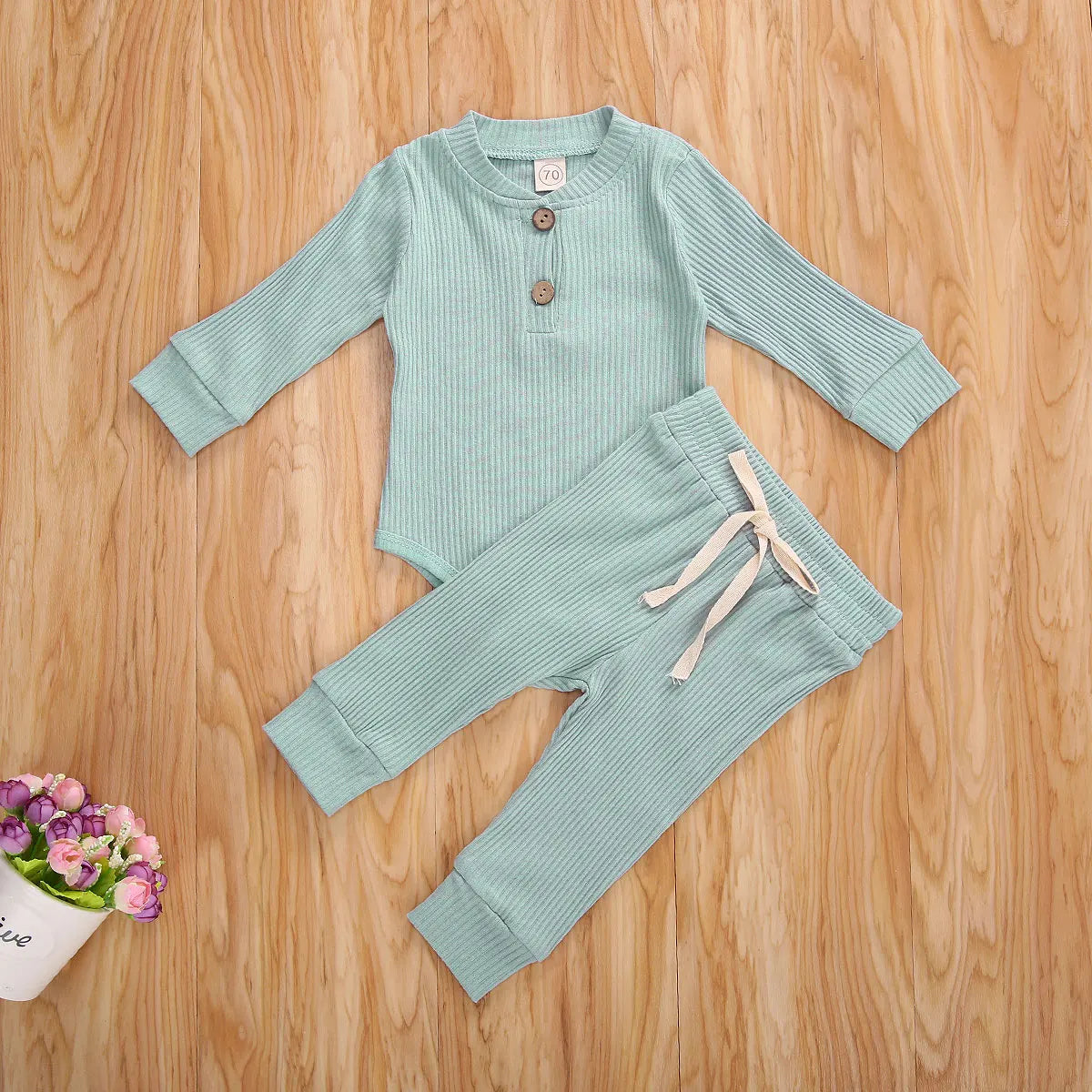 Newborn Baby Boys Girls Clothes Set Autumn Button Cotton Solid Ribbed Long Sleeve Jumpsuit+Pants 2Pcs Outfits Suit Pajamas Set