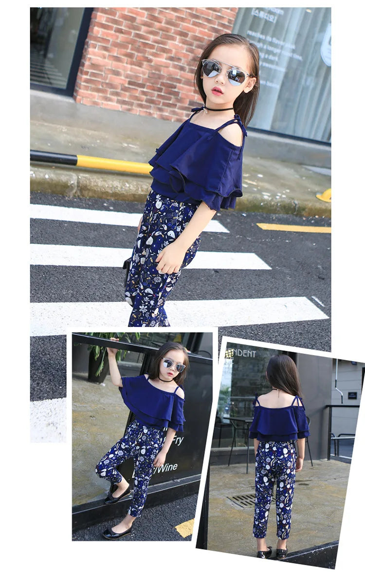 Summer Teen Girls Flower Chiffon Clothing Set Children Off Shoulder tops Floral Pants Kids Outfits Girl Clothes For 8 12 14Years