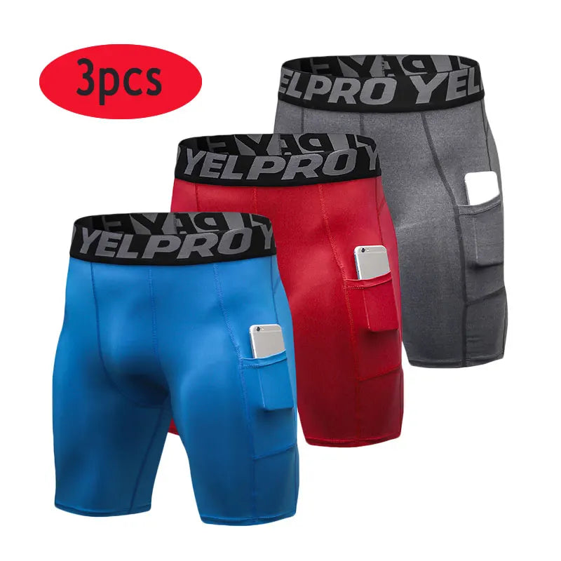 Men Compression Shorts Running Training Fitness Shorts Breathable Active Workout Underwear with Pocke