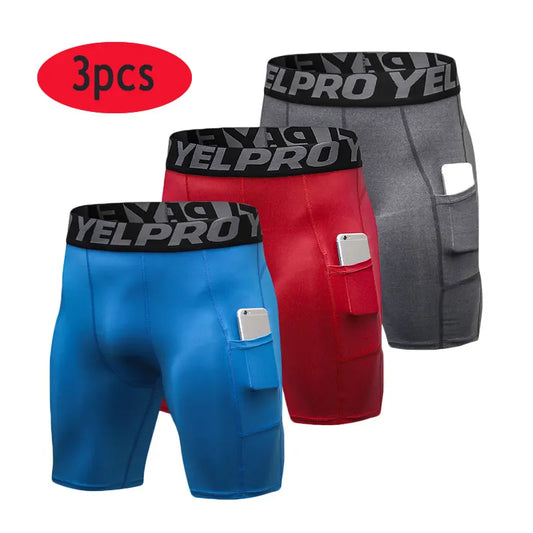 Men Compression Shorts Running Training Fitness Shorts Breathable Active Workout Underwear with Pocke
