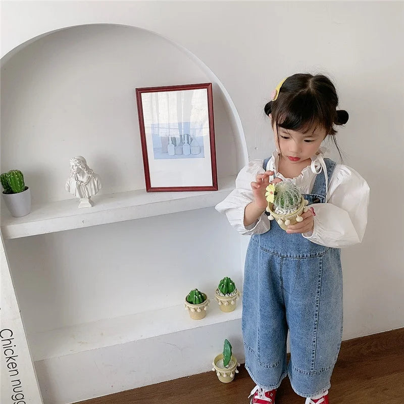 Korean style Spring Fall Kids Children Oversized Wide Leg Denim Overalls Baby Clothes Boys Girls Loose All-match Casual Pants