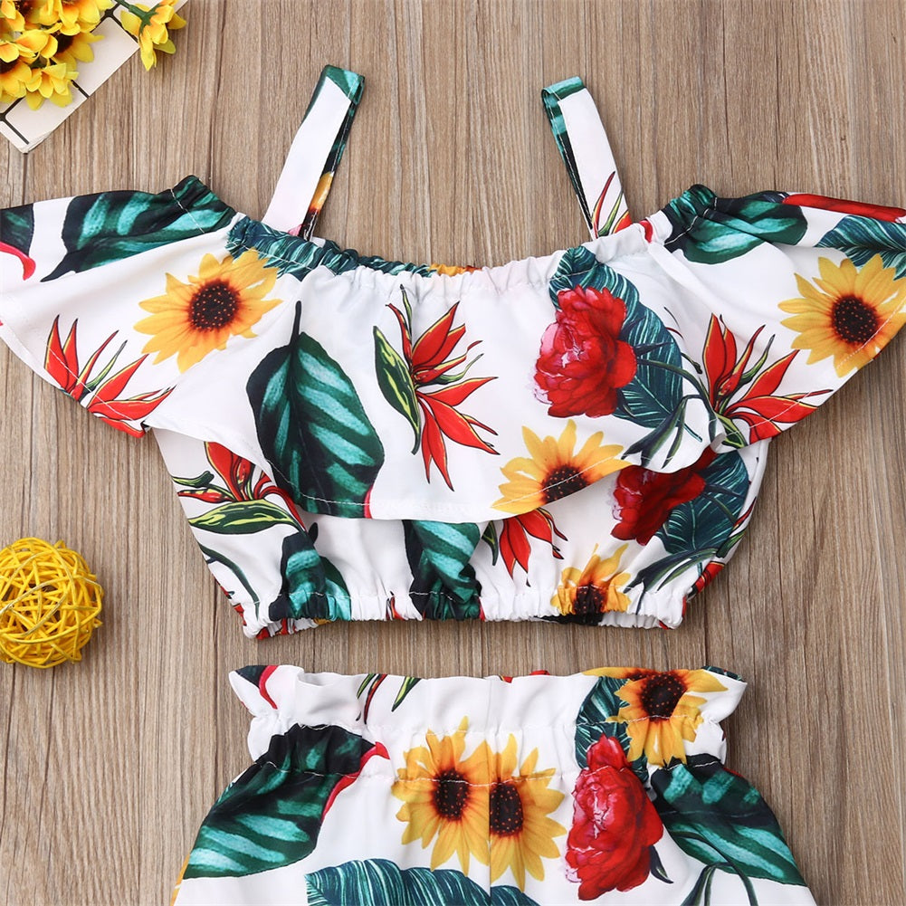 Newest Fashion Summer Toddler Baby Girl Clothes Off Shoulder Ruffle Sling Crop Tops Short Pants 2Pcs Outfits Clothes
