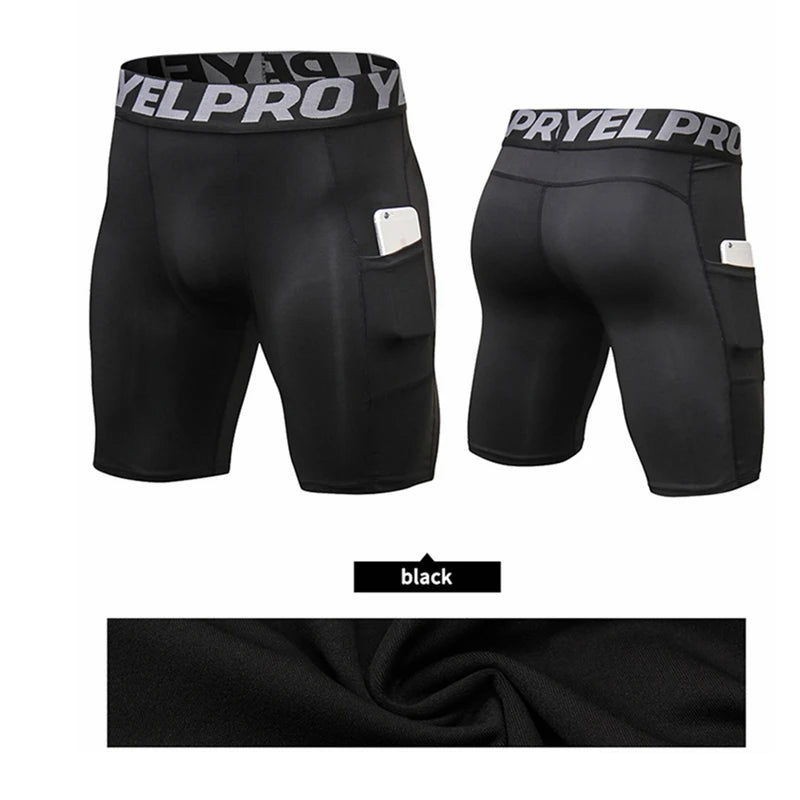 Men Compression Shorts Running Training Fitness Shorts Breathable Active Workout Underwear with Pocke