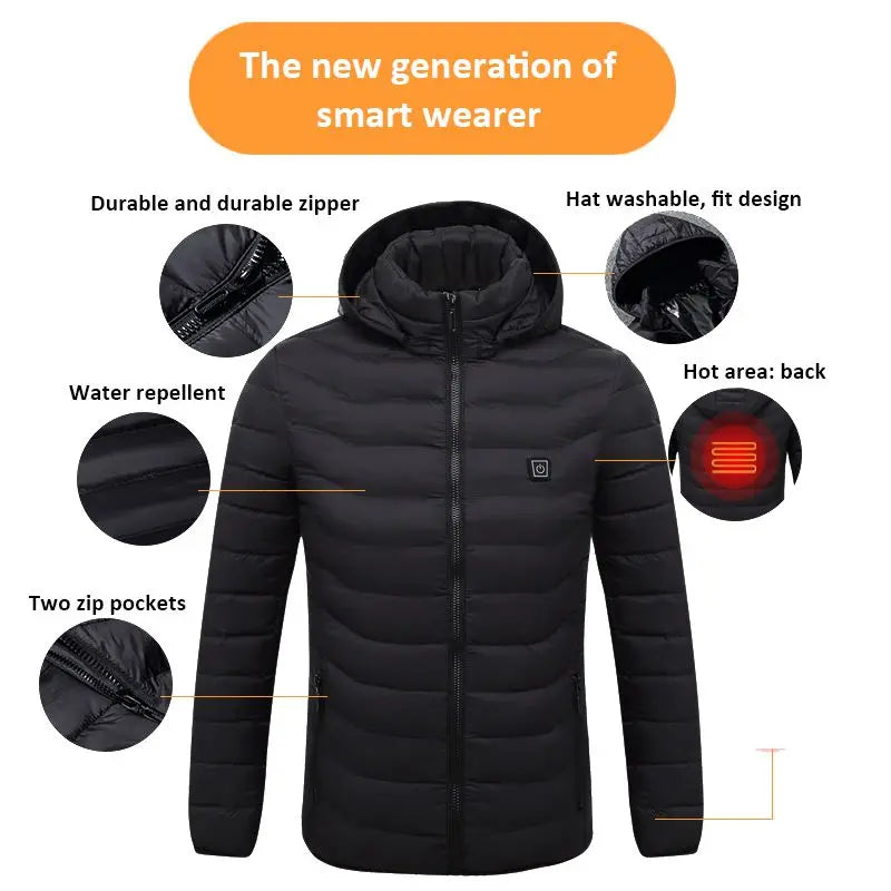 Men's parka Winter Warm USB Heating Jackets Smart Thermostat Pure Color Hooded Heated Clothing male bobojaco Warm padded jacket