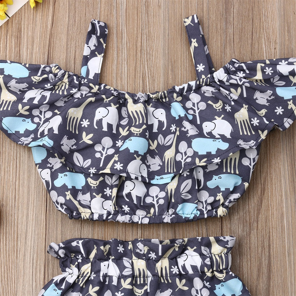 Newest Fashion Summer Toddler Baby Girl Clothes Off Shoulder Ruffle Sling Crop Tops Short Pants 2Pcs Outfits Clothes