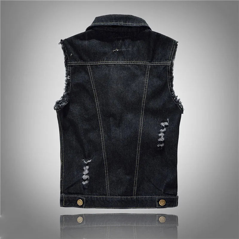 DIMUSI New Spring Autumn Vintage Design Men's Denim Vest Male Black Sleeveless Jackets Men Hole Jeans Brand Waistcoat 6XL,YA566