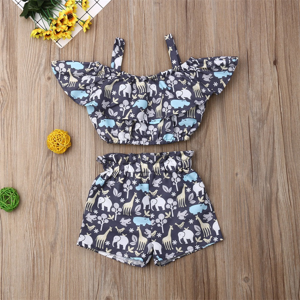 Newest Fashion Summer Toddler Baby Girl Clothes Off Shoulder Ruffle Sling Crop Tops Short Pants 2Pcs Outfits Clothes