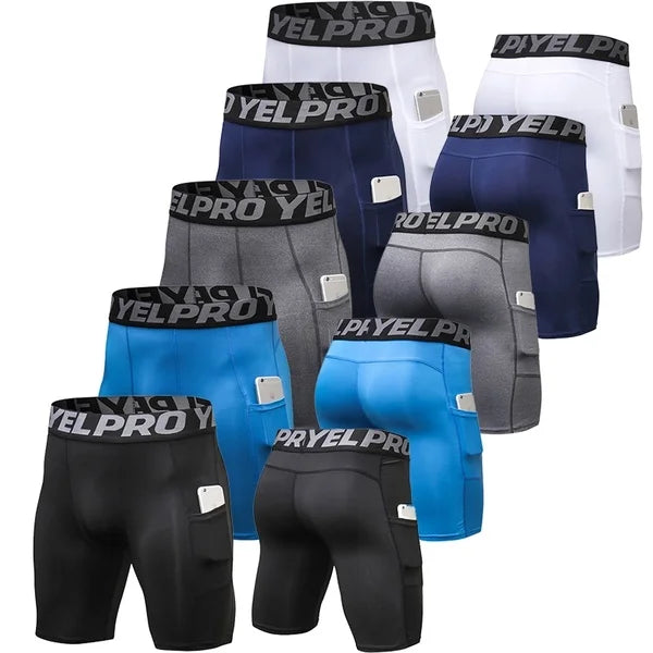 Men Compression Shorts Running Training Fitness Shorts Breathable Active Workout Underwear with Pocke