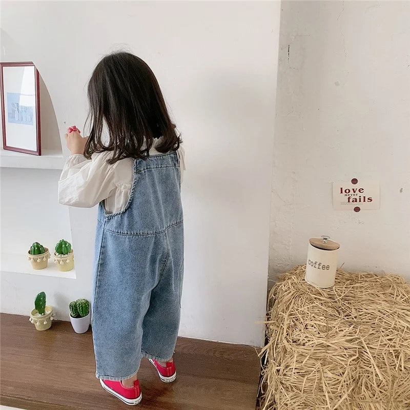Korean style Spring Fall Kids Children Oversized Wide Leg Denim Overalls Baby Clothes Boys Girls Loose All-match Casual Pants