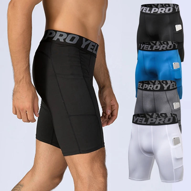 Men Compression Shorts Running Training Fitness Shorts Breathable Active Workout Underwear with Pocke