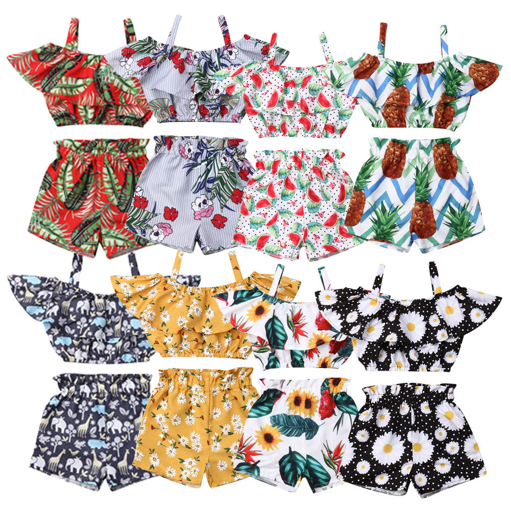 Newest Fashion Summer Toddler Baby Girl Clothes Off Shoulder Ruffle Sling Crop Tops Short Pants 2Pcs Outfits Clothes