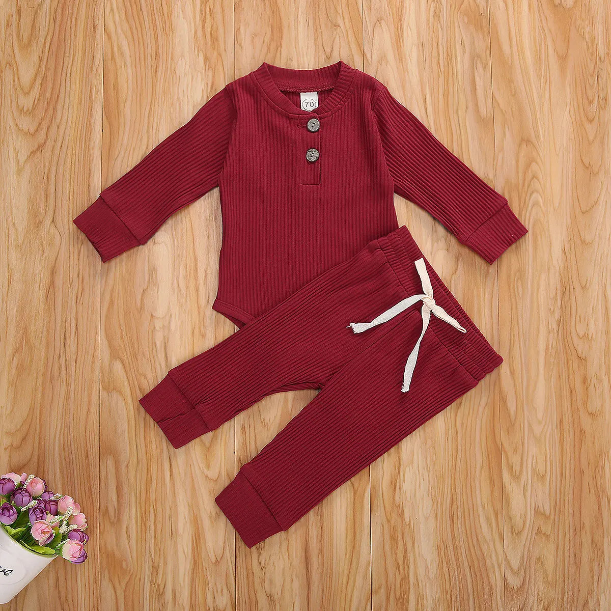 Newborn Baby Boys Girls Clothes Set Autumn Button Cotton Solid Ribbed Long Sleeve Jumpsuit+Pants 2Pcs Outfits Suit Pajamas Set